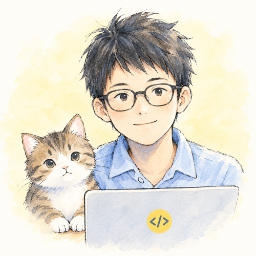パソコンに向かうおきしおと猫のイラスト